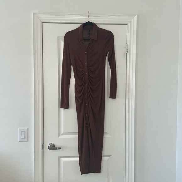 Brown Ruched Midi Dress - Picture 1 of 3